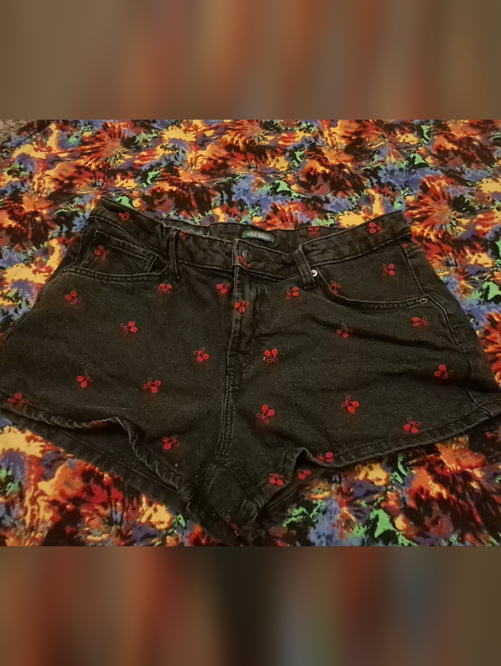 Wild Fable Mid Rise Black Denim Shorts With Red Cherries